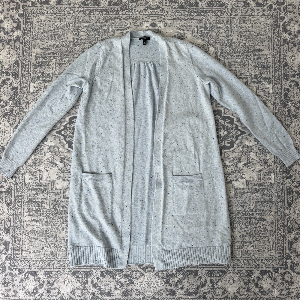 Talbots Petite Knit Cardigan Light Blue Speckled Long Line Open Front Sweater P